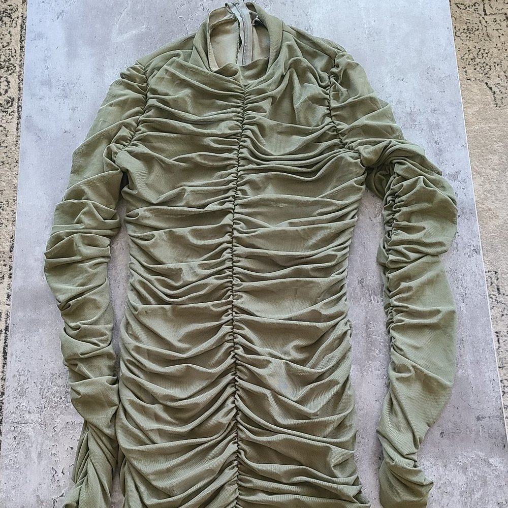 military green long sleeved scrunched mini dress